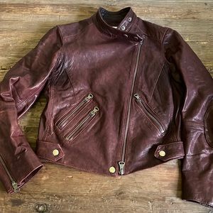 Club Monaco Vintage Leather Motorcycle Jacket in washed merlot leather
